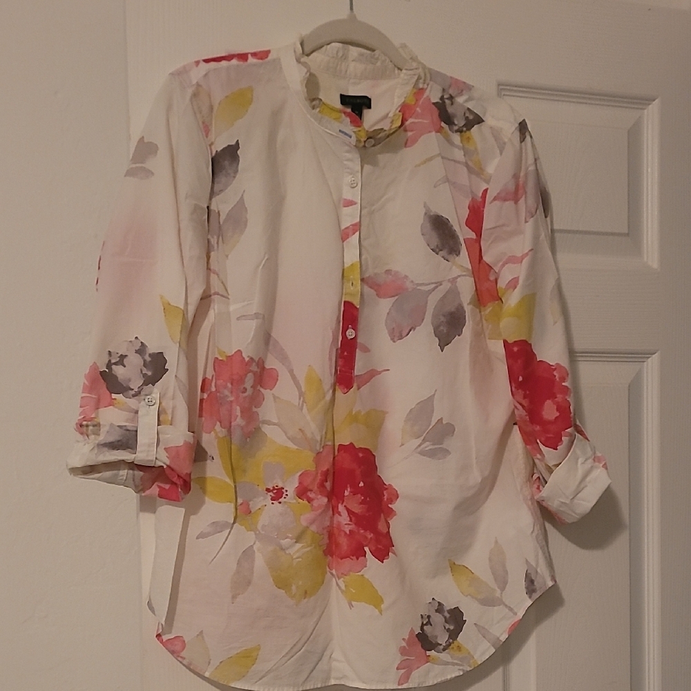 Talbots White Floral Button-Front Blouse with Red and Yellow Accents